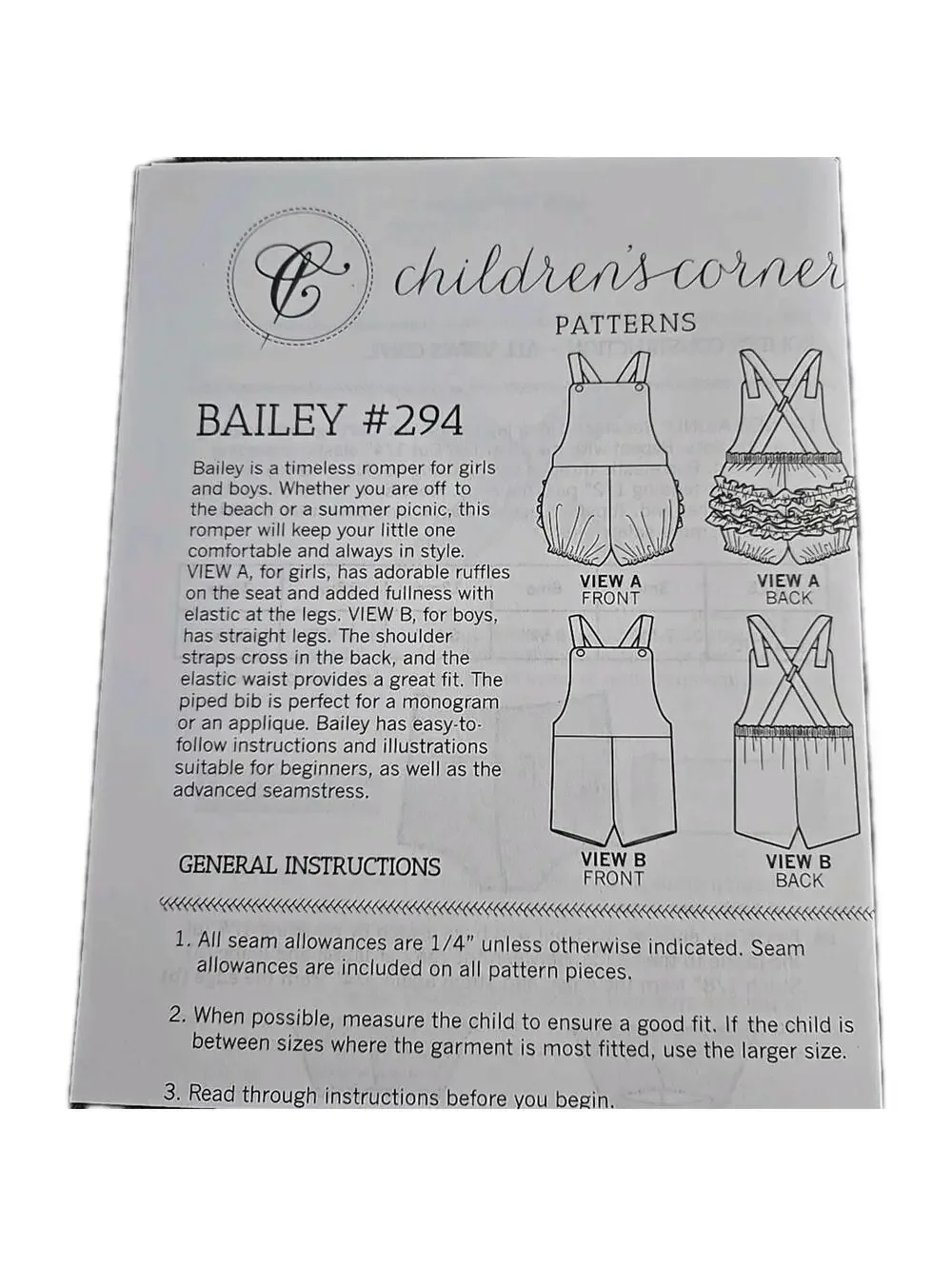Children's Corner Pattern 294 Boys & Girls Romper Size 3mo-24mo Bailey Uncut